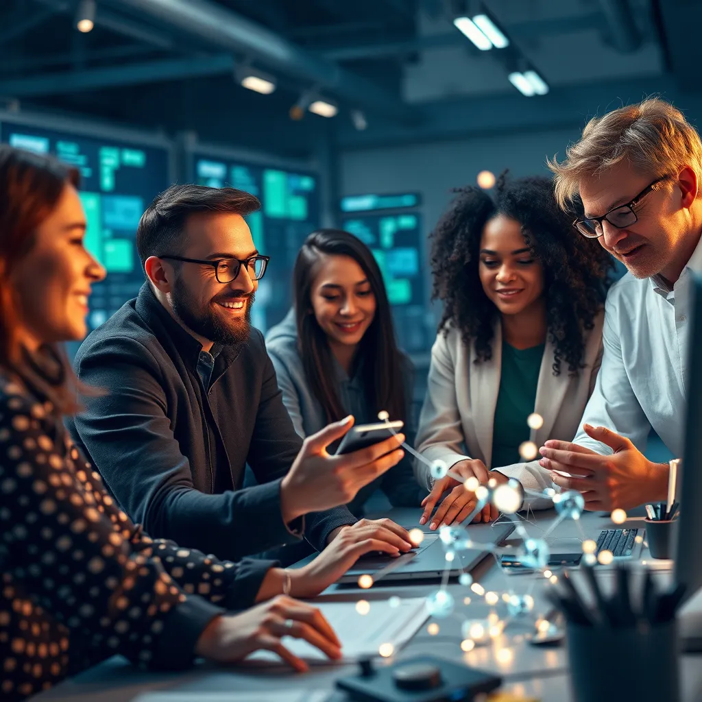 A group of diverse people working together in a collaborative environment. They are using various AI tools and models to generate creative solutions, such as designing new products, developing innovative strategies, and conducting research. The image should convey a sense of excitement and progress, highlighting the transformative potential of AI.