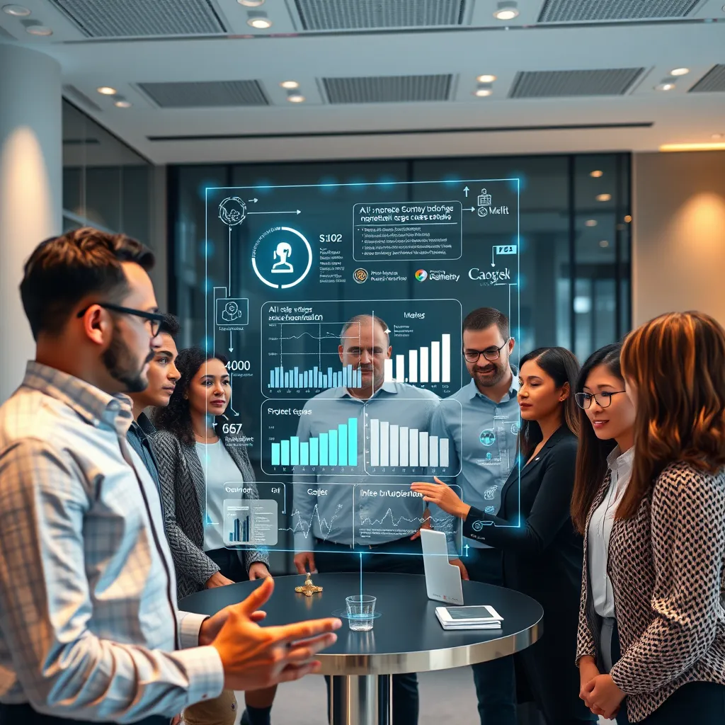 A group of diverse professionals working collaboratively around a large holographic display, showcasing real-time data insights and strategic plans. The image should depict a modern, tech-driven environment where AI empowers informed decision-making and strategic success.