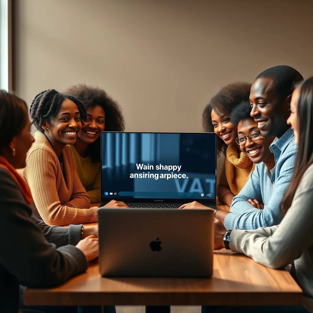A group of people from diverse backgrounds are gathered around a table, watching a video on a laptop. The video features an AI-generated spokesperson who is sharing an inspiring message. The people in the group are all smiling and engaged in the video.
