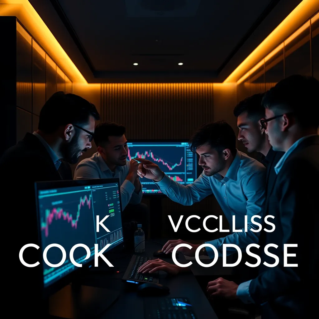 A group of people huddled around a computer screen, studying charts and graphs. One person is pointing at a specific point on the screen, while others intently follow along. The room is dimly lit, with a sleek and modern design, representing a sophisticated trading environment. The atmosphere is focused and intense, highlighting the secrecy and exclusivity of the course.