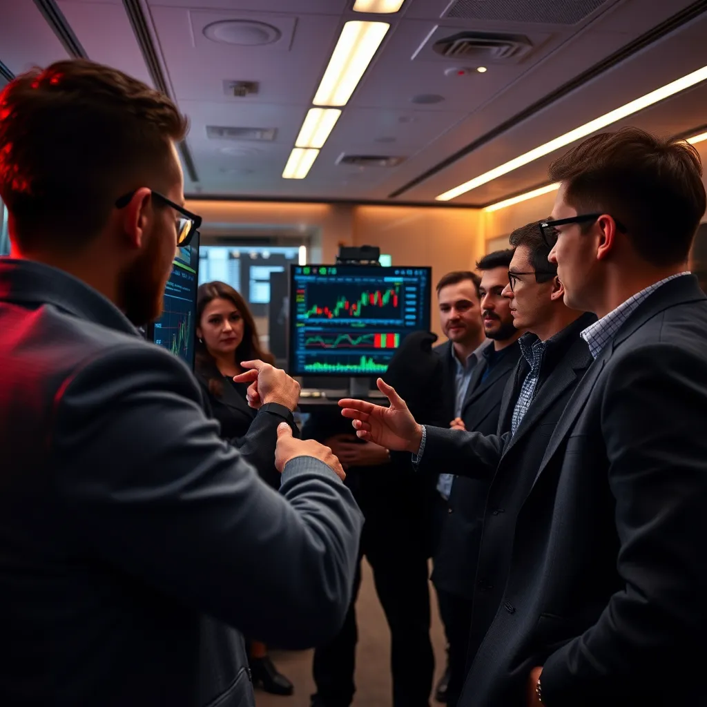 A group of people in a modern, sleek office, looking intently at a screen displaying various financial charts and data. The room is filled with high-tech equipment, and a sense of excitement and anticipation is in the air. One person points to a specific chart, explaining a trading strategy. The image should convey a feeling of exclusivity and a cutting-edge approach to trading.