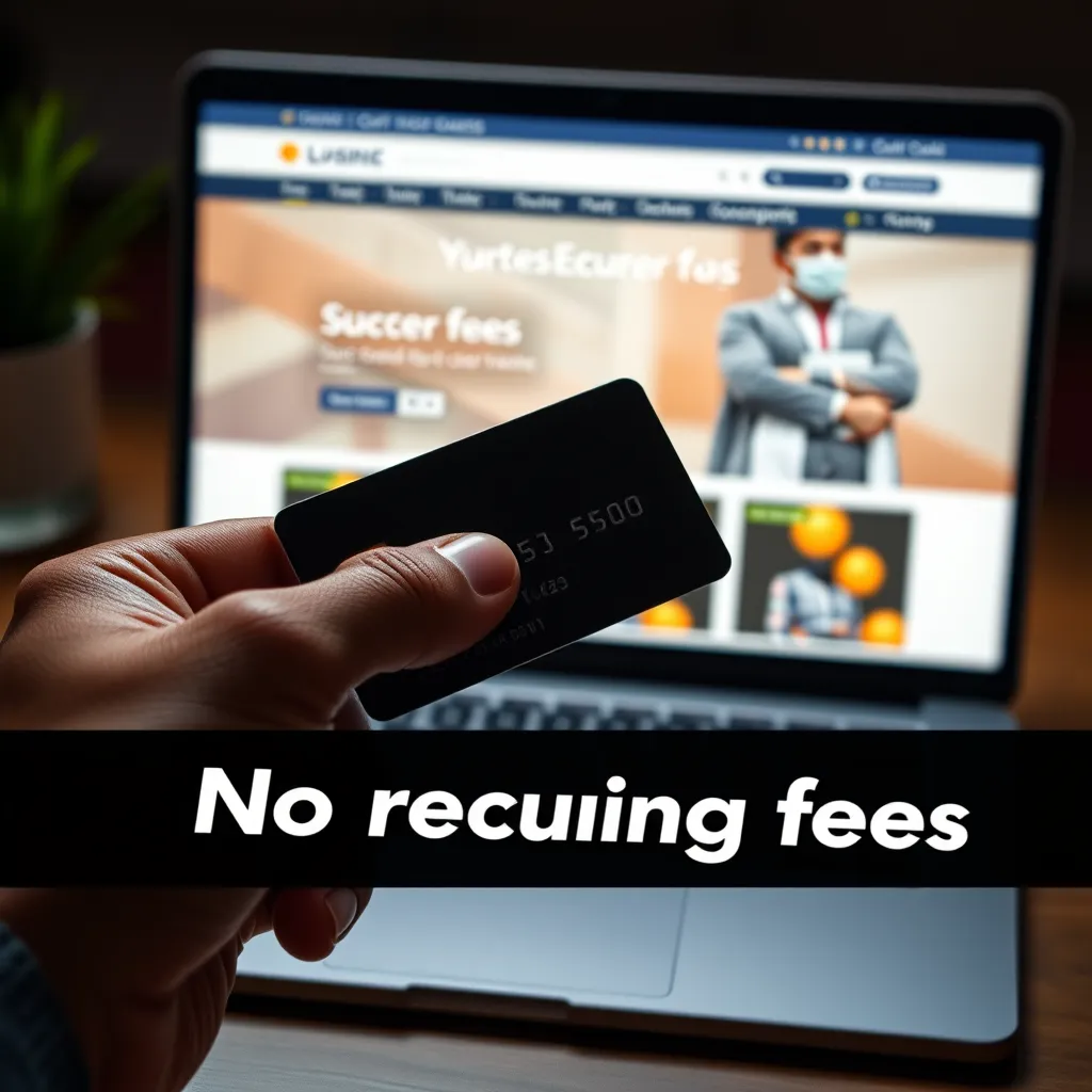 A hand holding a credit card, with a  'No recurring fees' banner in the foreground and a laptop screen displaying a successful e-commerce website in the background.