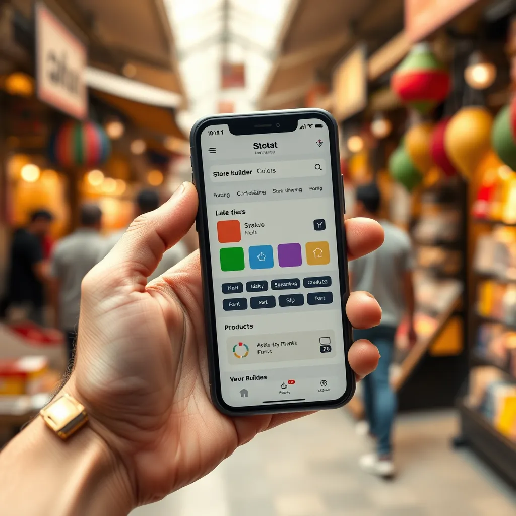 A hand holding a phone with a user-friendly, customizable store builder interface. The screen should display options for changing colors, fonts, product details, and other elements. The background should be a soft, blurred image of a bustling marketplace.