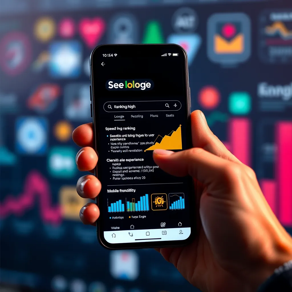 A hand holding a smartphone displaying a website ranking high in a search engine results page (SERP). The smartphone should be surrounded by a blur of colorful icons and graphs, representing the key factors contributing to improved SEO rankings, such as speed, user experience, and mobile-friendliness.