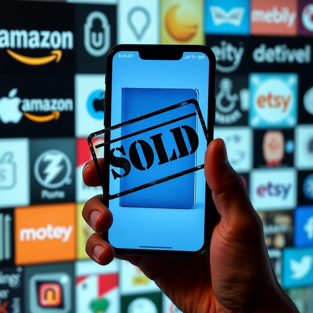 A hand holding a smartphone displaying a book cover with a large 'Sold' stamp on it. The background shows a montage of popular online marketplaces like Amazon, Apple Books, and Etsy, highlighting the platform's reach and monetization potential.