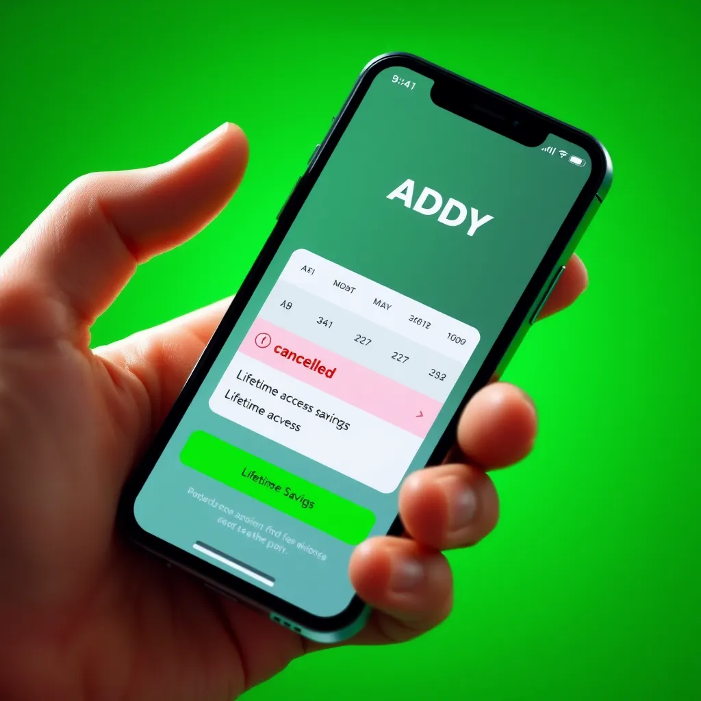A hand holding a smartphone displaying the AI DADDY app. The screen shows a calendar with a recurring payment marked as 'cancelled' and a lifetime access badge displayed prominently. The background should be a vibrant green, representing growth and savings.