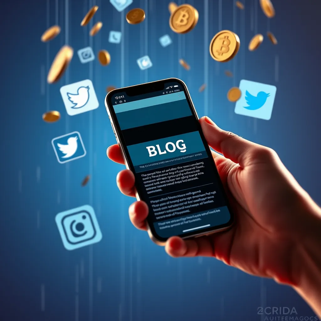 A hand holding a smartphone displaying a blog post. The phone is surrounded by social media icons, representing the sharing and community aspects. In the background, a virtual coin rain falls on the phone, symbolizing the monetization potential of the built audience.