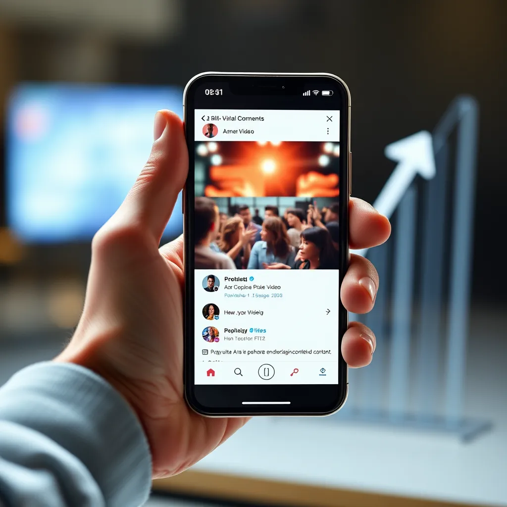 A hand holding a smartphone displaying a captivating, viral video with numerous likes and comments, signifying the power of compelling content. In the background, a graph shows a sharp upward trend representing increased reach and engagement.
