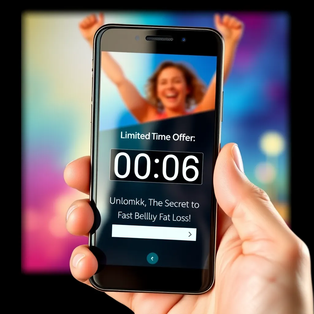 A hand holding a smartphone displaying a countdown timer with the text 'Limited Time Offer: Unlock the Secret to Fast Belly Fat Loss!' The background should be a vibrant, colorful image of a person celebrating their achievement after reaching a fitness goal, showcasing a happy and energetic atmosphere. The phone screen should reflect the user's reflection, adding a touch of realism.