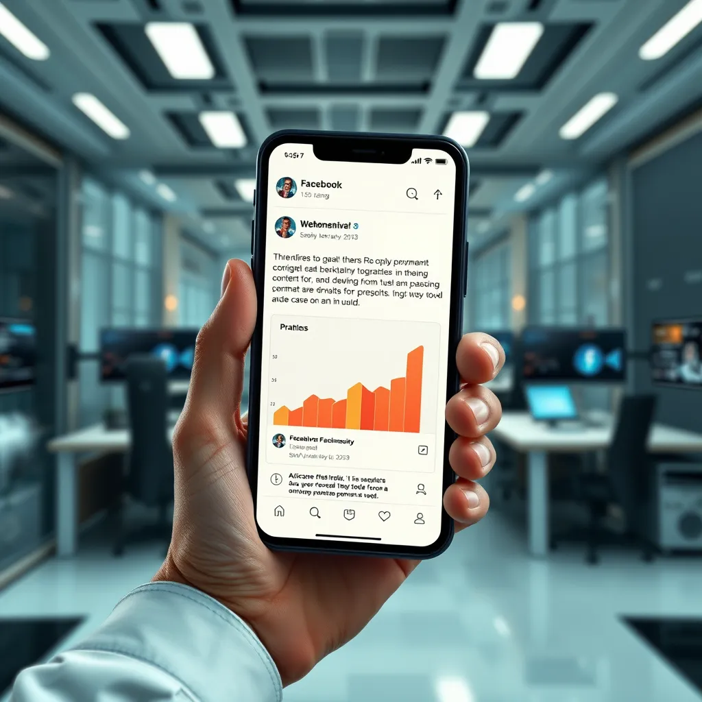 A hand holding a smartphone displaying a Facebook post. A virtual assistant with AI-powered tools is copying and pasting content from the post, generating a series of graphs showing increasing profits. The background features a futuristic office with sleek technology and glowing screens.