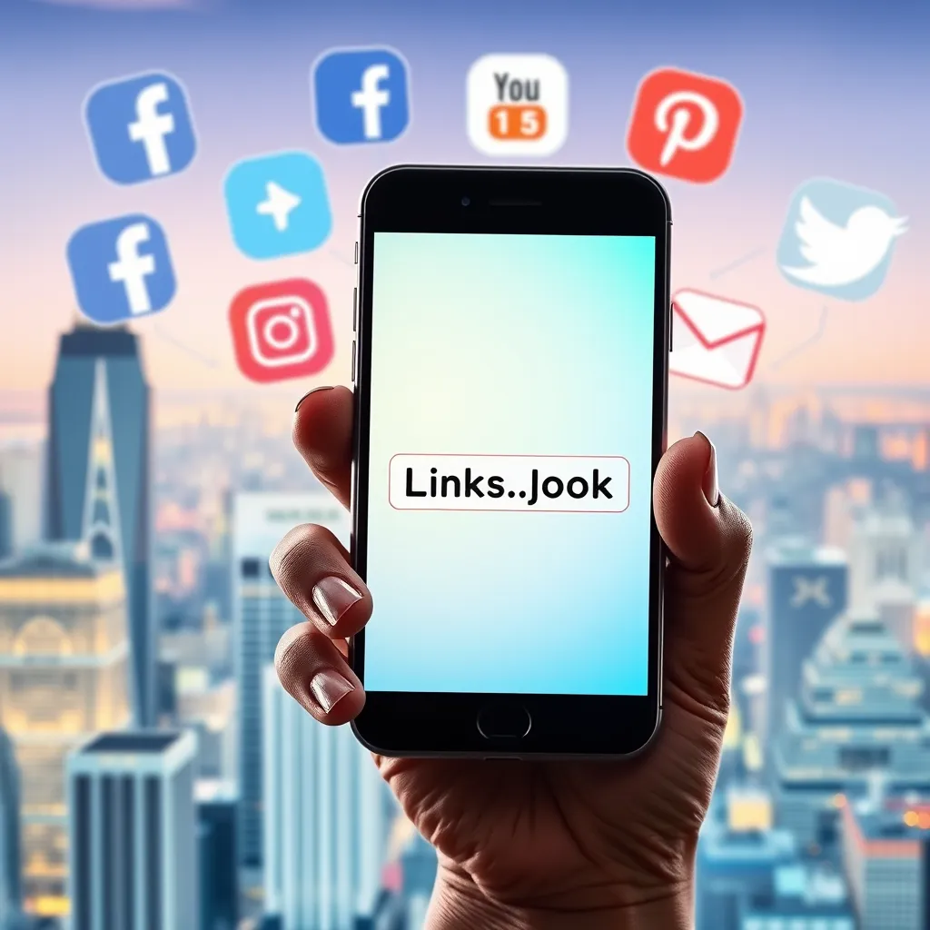 A hand holding a smartphone with a bright, vibrant screen displaying a unique link. The background showcases different social media platforms like Facebook, Instagram, Twitter, and email, representing the diverse options for sharing the link. The smartphone should be positioned in front of a backdrop of a bustling city skyline, representing the potential for global reach and profit.