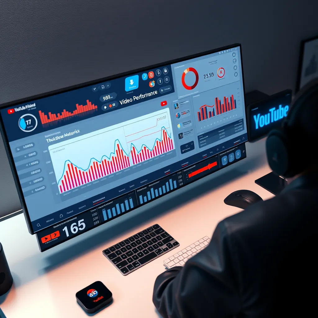 A high-angle shot of a sleek and modern dashboard, filled with data visualizations representing video performance metrics.  The dashboard is seamlessly integrated with a video editor interface, showcasing tools for title optimization, keyword research, and thumbnail creation. The lighting is soft and diffused, creating a professional and inviting workspace. The image should convey a sense of control and confidence, emphasizing the power of technology to drive YouTube success. Render it in a photorealistic style with a focus on clean lines, sharp edges, and vibrant colors.