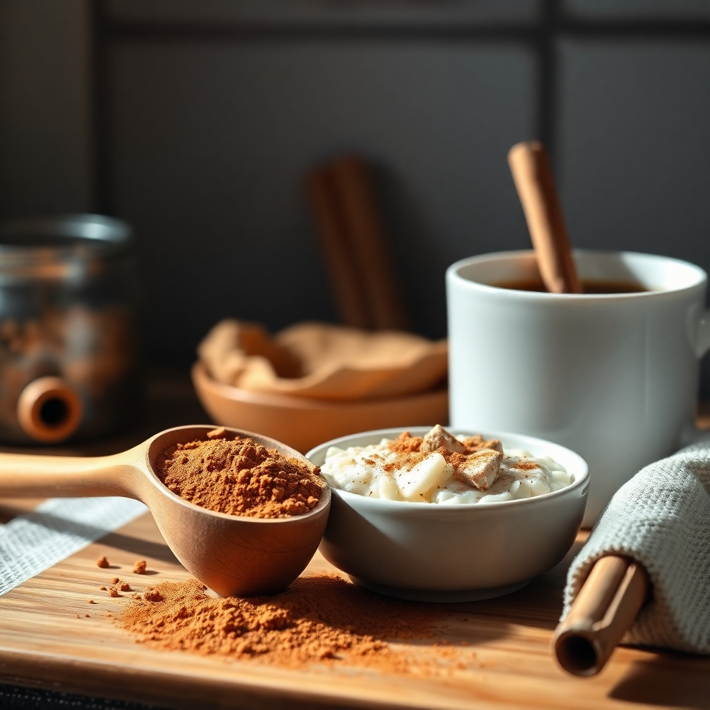 A high-resolution, photorealistic image of a wooden spoon filled with ground cinnamon, next to a bowl of oatmeal with a sprinkle of cinnamon on top, and a cup of coffee with a cinnamon stick in it.  The background should be a rustic kitchen setting with natural light.