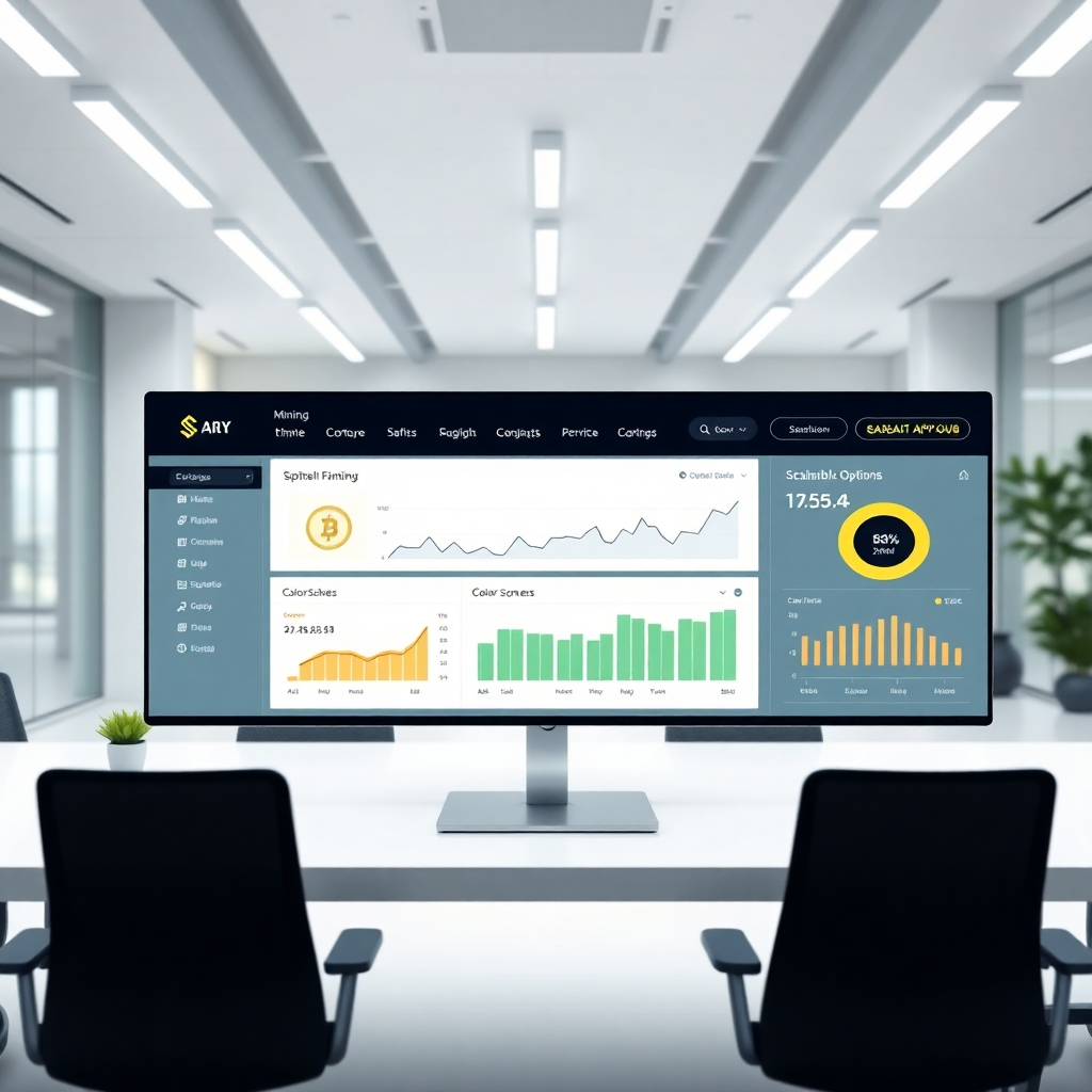 A high-resolution image of a sleek, customizable dashboard interface.  The dashboard should display real-time cryptocurrency mining data, customizable branding elements (logo, color scheme), and scalability options.  The background should be a modern, minimalist office setting suggesting growth and success. The image should convey a sense of user-friendliness and control.