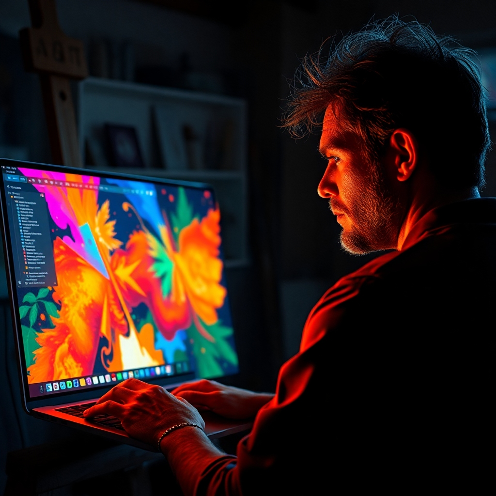 A hyperrealistic, 8K resolution image depicting an artist using AI-powered art software to create a vibrant, digital painting. Dramatic side lighting creates a moody atmosphere. The color palette is rich and varied, reflecting the artist’s creative expression. The artist's face is partially obscured by the glow of the computer screen, emphasizing the immersive nature of the process. The software interface is visible on the screen, showcasing advanced features. The room's background subtly hints at an art studio with various art supplies and unfinished canvases, hinting at a blend of traditional and digital art practices.  Textures are highly detailed, from the rough canvas surface to the smooth, metallic laptop body.   The scene is rendered in the style of a cinematic still, featuring an immersive, detailed environment. The overall mood is inspirational and creative. The image should convey a sense of wonder and discovery, showcasing the limitless potential of AI for creative expression.