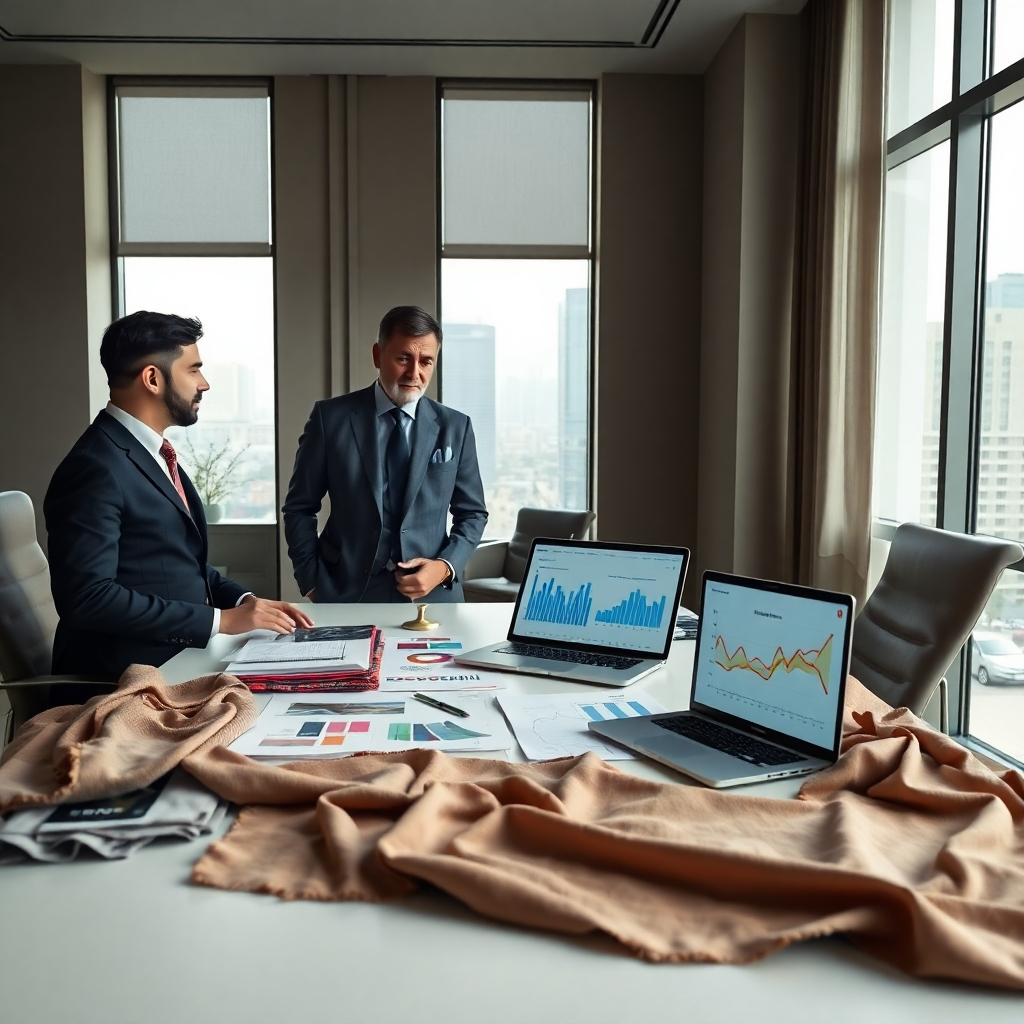 A hyperrealistic, ultra-detailed image showcasing a meeting between a KGP representative and a client in a modern, minimalist office in Mumbai. The lighting is soft and diffused, creating a calm and professional atmosphere. The color palette is sophisticated and neutral, with earth tones and cool grays dominating the scene.  The camera angle is a medium shot, focusing on the two individuals engaged in discussion.  Textures are meticulously rendered, showing the fine details of the fabrics displayed, the smooth surfaces of the table, and the textures of the business attire worn by those involved.  The background subtly suggests a modern cityscape through large windows. Props include fabric swatches, sample garments, and laptops displaying charts and graphs related to textile market analysis. The mood is one of collaborative partnership and mutual trust, emphasizing the expertise of the KGP team. The overall style should evoke the polished professionalism of a high-end business magazine. The image resolution is 8K, with exceptional focus and detail, reflecting the accuracy and precision of our consulting services.  The image should be warm and professional, showing the client and the KGP representative engaged in constructive discussion.