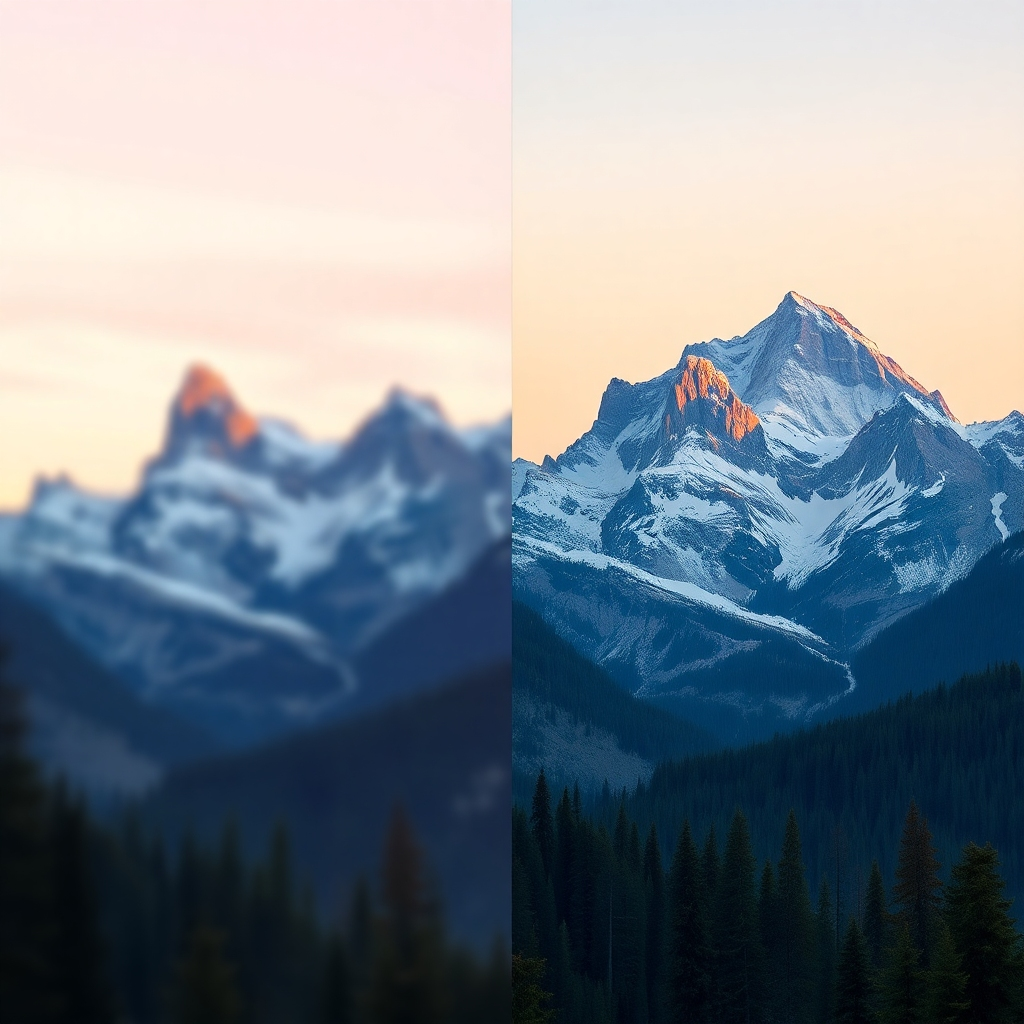 A hyperrealistic, ultra-detailed image, 8K resolution, showcasing the before-and-after results of Artistly AI's Image Editor.  The left side depicts a slightly blurry, poorly lit photograph of a majestic mountain range at dawn. The right side shows the same photograph dramatically enhanced: sharper details, vivid colors, perfectly balanced lighting, and a polished, professional look.  The image should emphasize the contrast between the original photo's imperfections and the AI-enhanced version's superior quality. The color palette is breathtaking, showcasing a range of warm and cool tones, from the soft pinks and oranges of the dawn to the deep blues and greens of the mountains and forest.  The lighting is enhanced to highlight the peaks and texture of the mountains, creating a dramatic and awe-inspiring image. The style references the work of Ansel Adams, with emphasis on stunning landscapes and precise detail. The camera angle is from a low perspective, emphasizing the grandeur of the mountain range.  Textures should be ultra-realistic and detailed, showcasing the texture of the rock formations, snow, and vegetation. The overall mood is inspirational and awe-inspiring, highlighting the power of Artistly AI to transform ordinary images into masterpieces.