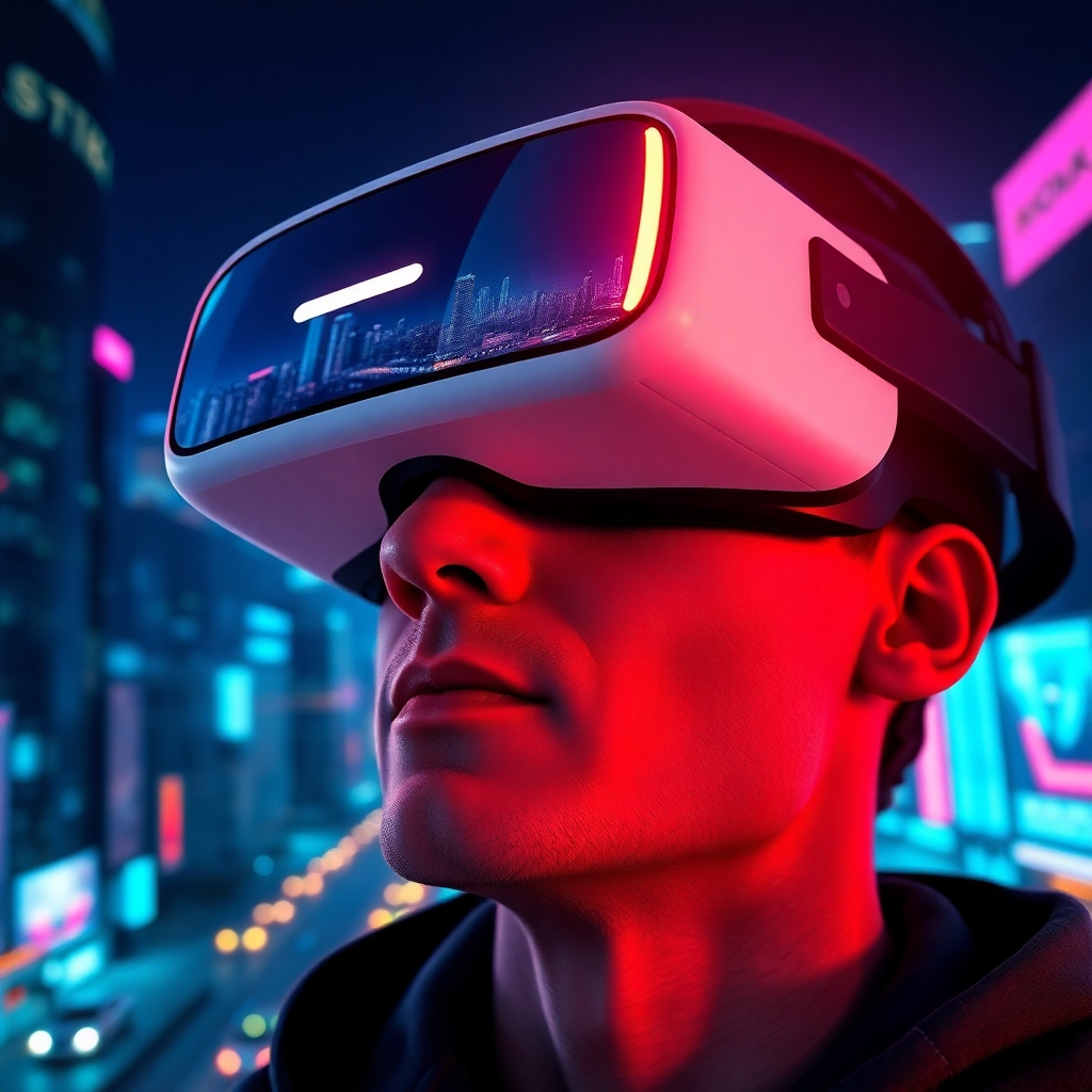 A hyperrealistic, ultra-high-definition 8K image.  The subject: a person wearing VR headset, fully immersed in a 360° video showcasing a vibrant, futuristic cityscape at night with flying cars and holographic billboards, interacting with clickable elements within the virtual environment (buttons, information panels).  Lighting: dramatic, neon-lit cityscape, with soft lighting highlighting the user's expression of wonder.  Color palette: dark blues, purples, and vibrant neon pinks and greens. Camera angle: a close-up on the person wearing the VR headset, their facial expression showcasing awe and wonder, with the 360° cityscape reflected in the headset's lenses. Texture and material details: realistic rendering of the VR headset and the user's face; the cityscape should display hyper-realistic details. Environmental elements: the virtual environment should be meticulously detailed; use a combination of photogrammetry and CGI to make it look stunning. Style reference: science fiction films, Blade Runner 2049, Ready Player One. The overall mood should be futuristic, exhilarating, and awe-inspiring, showcasing the innovative immersive possibilities offered by Vidintrux AI.