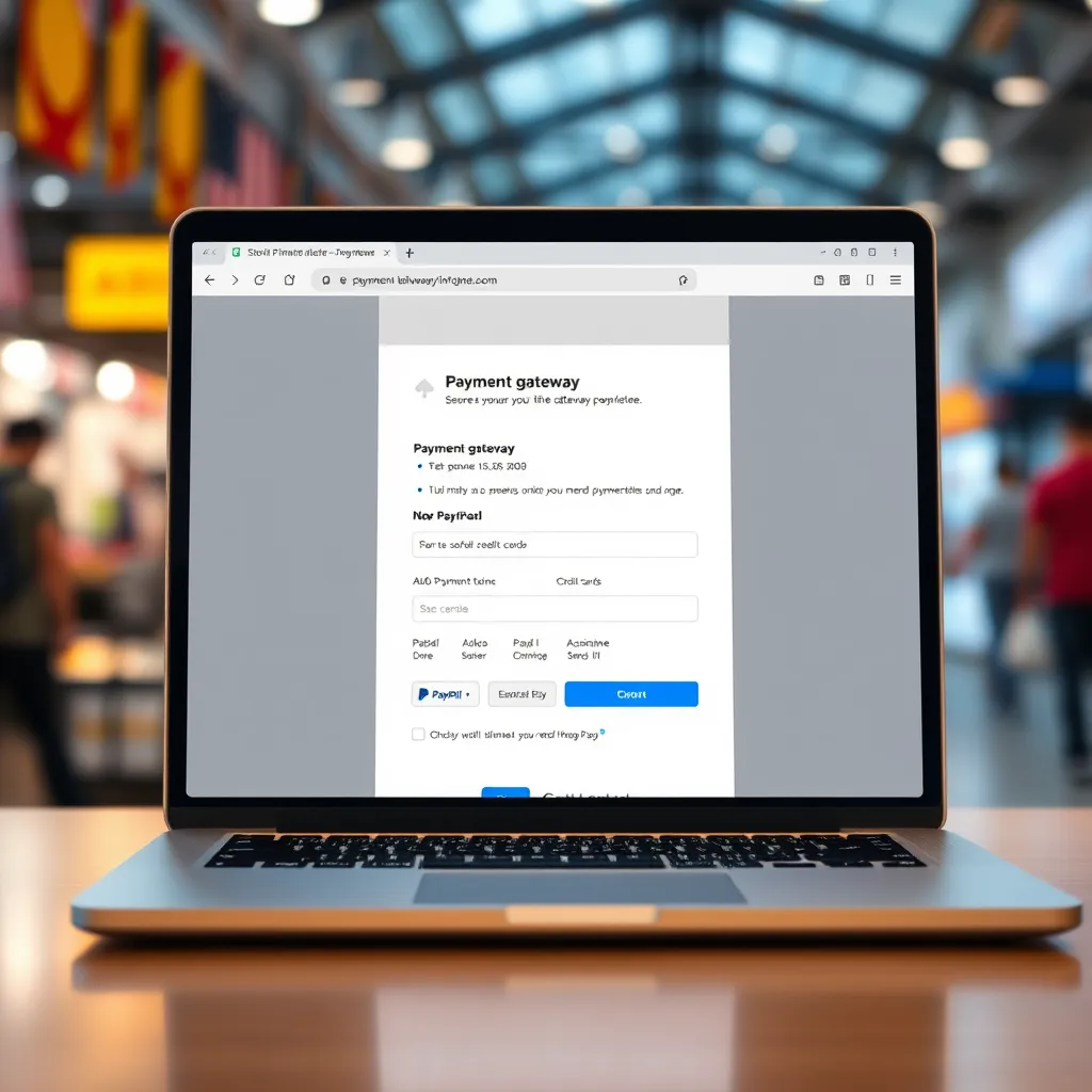 A laptop screen displaying a website checkout page. The screen shows a secure payment gateway form with options for credit cards, PayPal, and other payment methods. The background shows a blurred image of a bustling online marketplace.