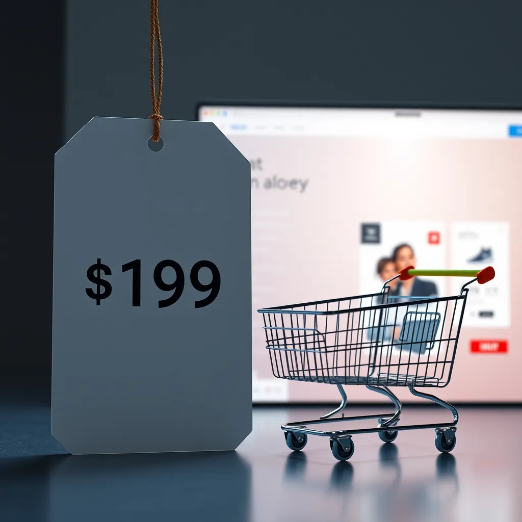 A large, clear price tag displaying a simple, straightforward price next to a sleek, modern e-commerce website with a shopping cart and a digital product being displayed