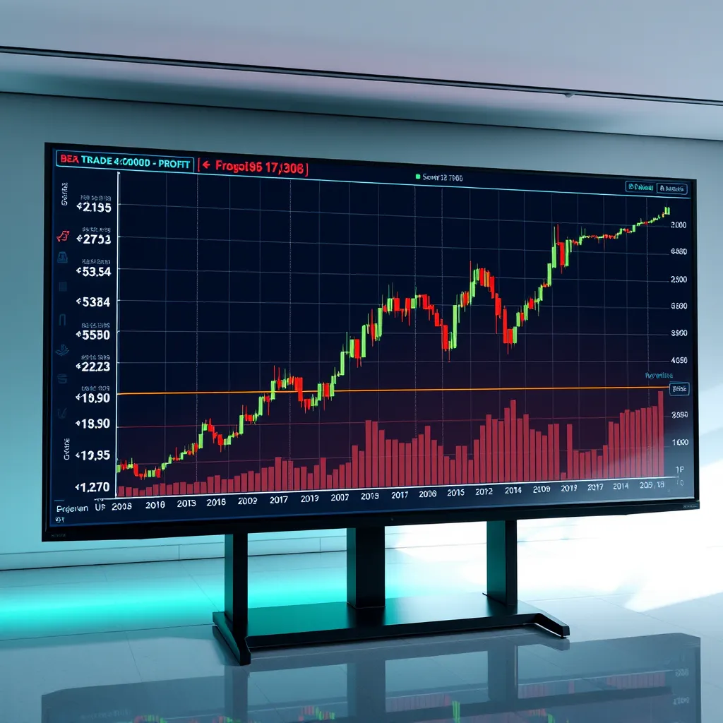 A large screen displaying a stock chart with a dramatic upward trend, representing a successful trade with substantial profits. The image should be visually appealing and emphasize the potential for financial gain.