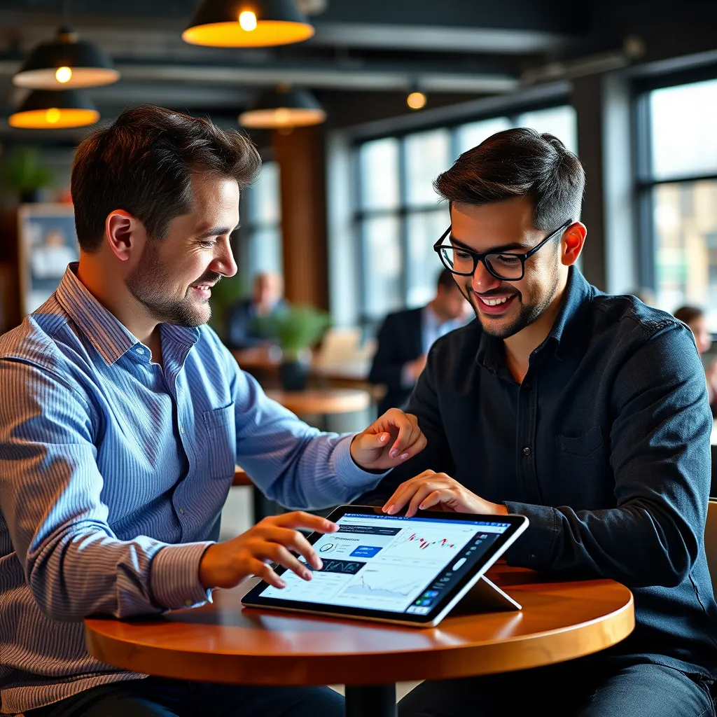 A mentor and student interacting in a modern, vibrant setting, like a cafe or a co-working space. They are both focused on a tablet displaying charts and data, with the mentor pointing at specific points, explaining concepts, and offering guidance. The overall atmosphere is positive, collaborative, and supportive, showcasing the value of personalized learning and mentorship in trading.