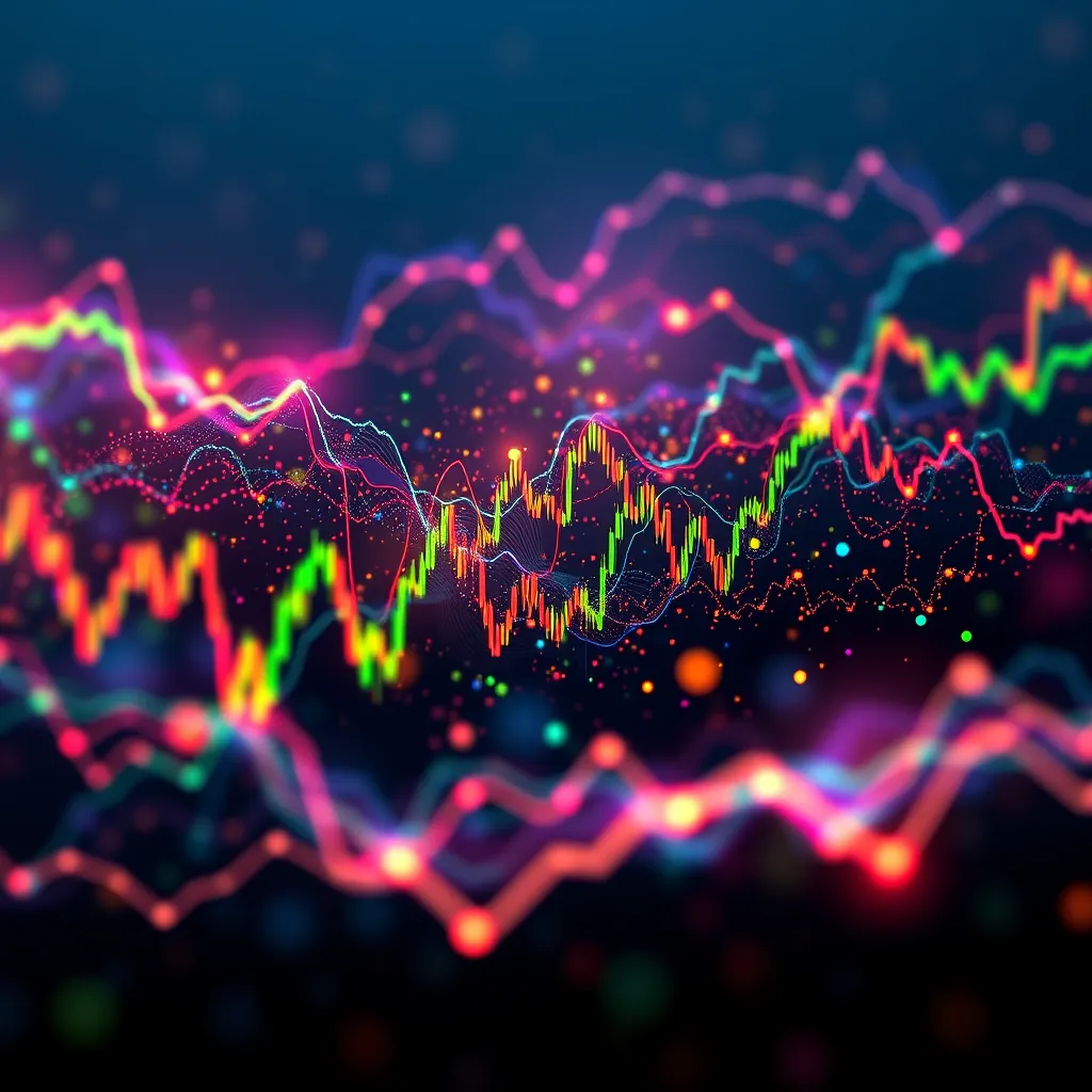 A mesmerizing visualization of market structure, where intricate patterns emerge from a chaotic sea of data. The image should be composed of abstract lines and shapes, representing price fluctuations and trends. Use a vibrant color palette that shifts and changes dynamically, reflecting the constant ebb and flow of the market. The background should be a subtle gradient of dark blue to black, symbolizing the depth and complexity of financial markets. Use a dynamic lighting effect, where light pulses and flickers around key points of interest, highlighting important patterns and turning points. The image should evoke a sense of wonder and discovery, conveying the power of understanding market structure.