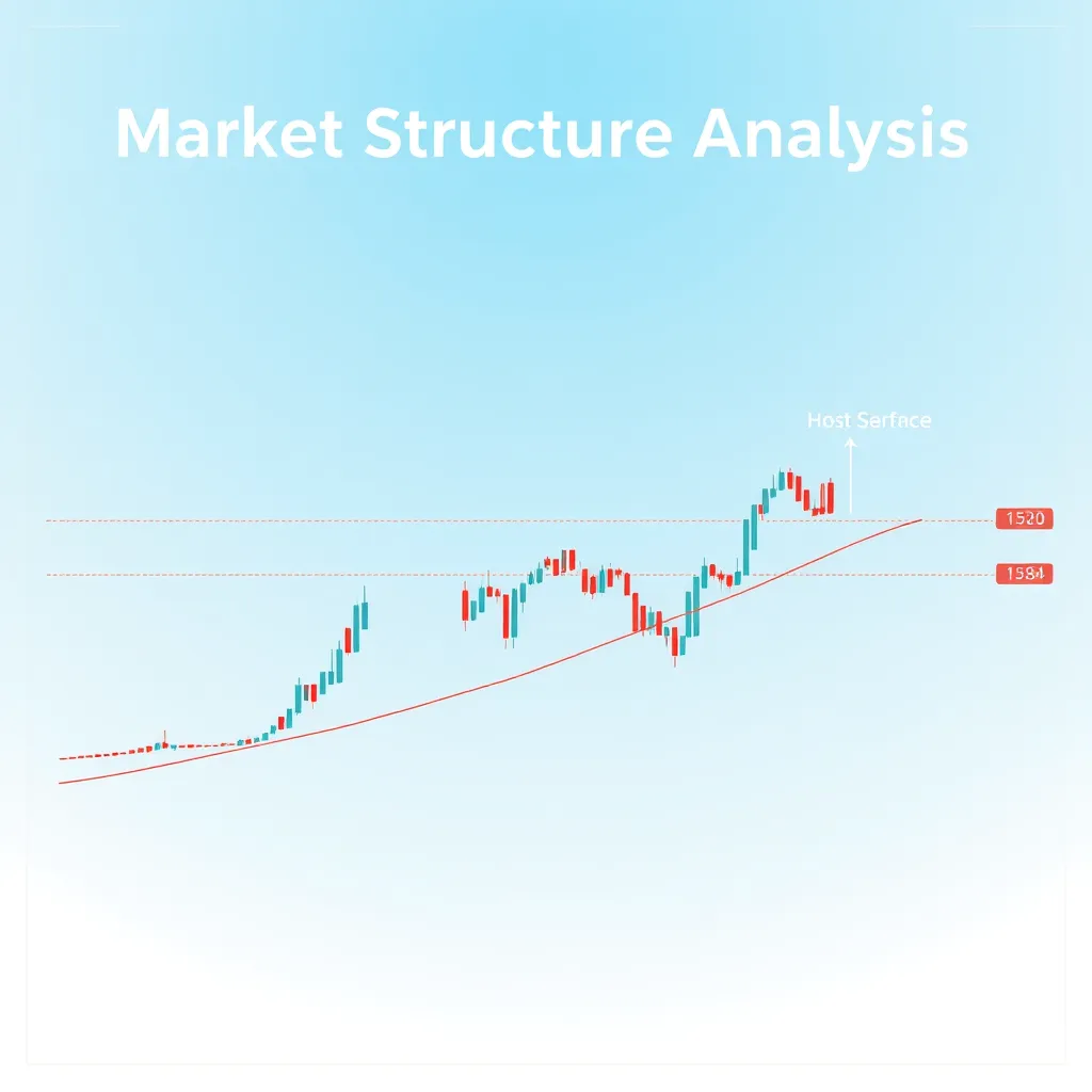 A minimalist infographic showing a financial chart with highlighted support and resistance levels, price patterns, and trend lines. The background is a gradient of blue and white, symbolizing the dynamic nature of the market. The title 'Market Structure Analysis' is prominently displayed on the top.