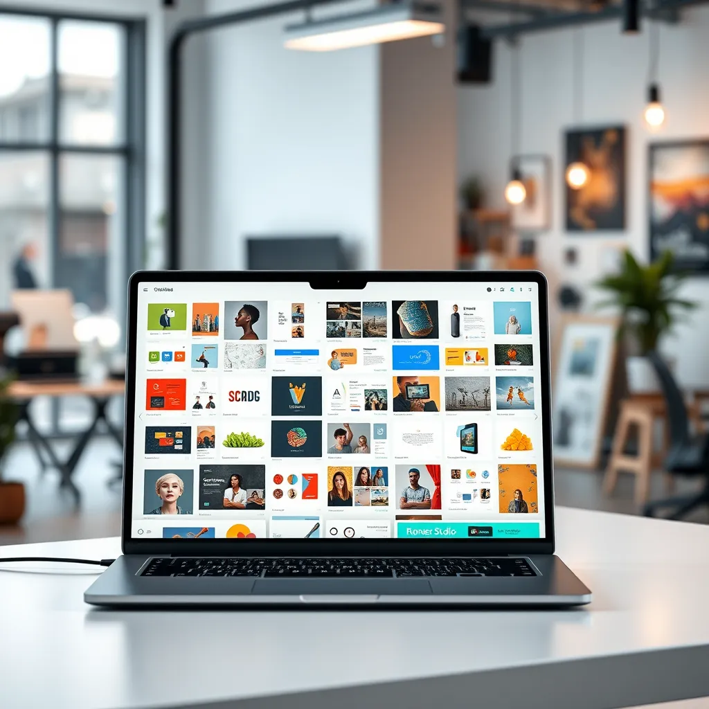 A modern, minimalist desktop workspace with a laptop screen displaying a library of diverse assets, such as graphics, templates, and photographs. The background features a blurred image of a creative studio, showcasing the creative possibilities offered by the bonus.