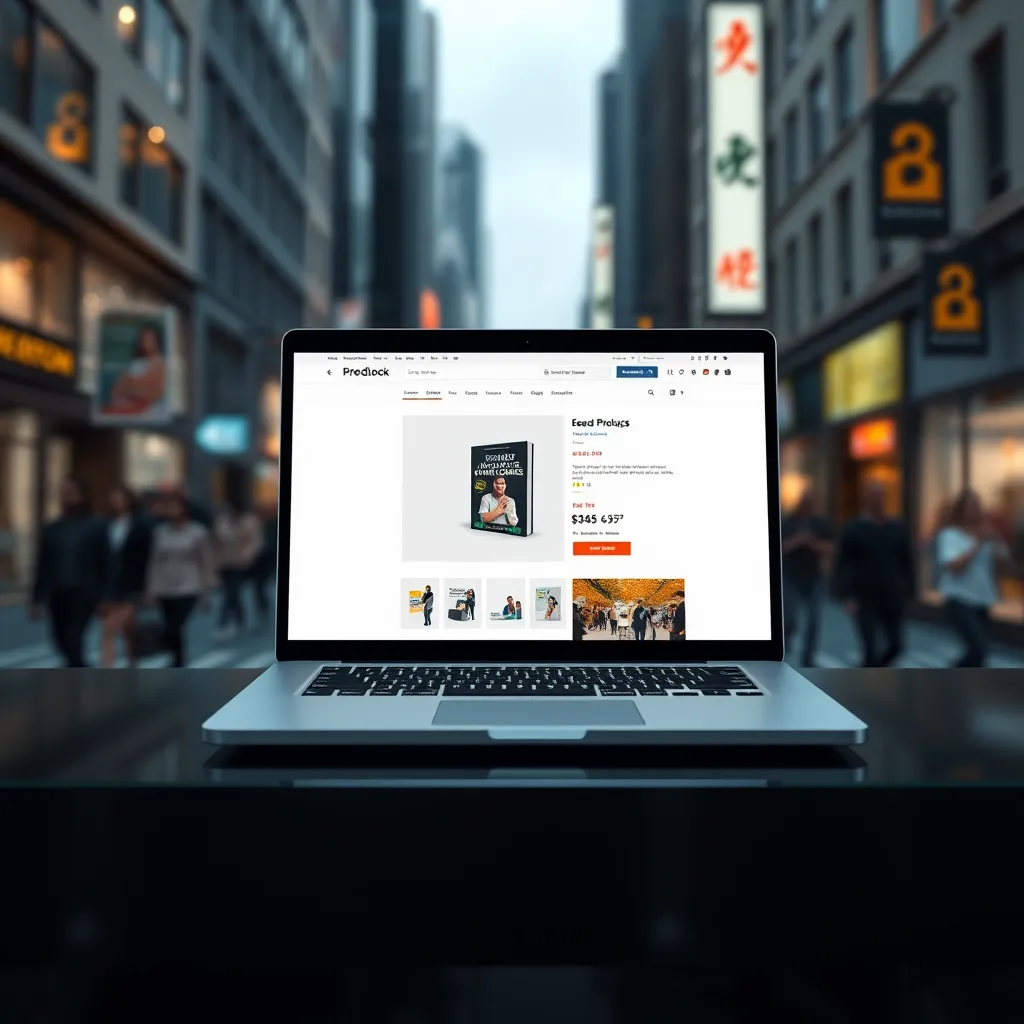 A modern, minimalist laptop screen showcasing a product page with a digital product like an ebook or online course. The product is eye-catching and the design emphasizes ease of use. The background is a blurred image of a bustling city street, representing the global reach of an online store.
