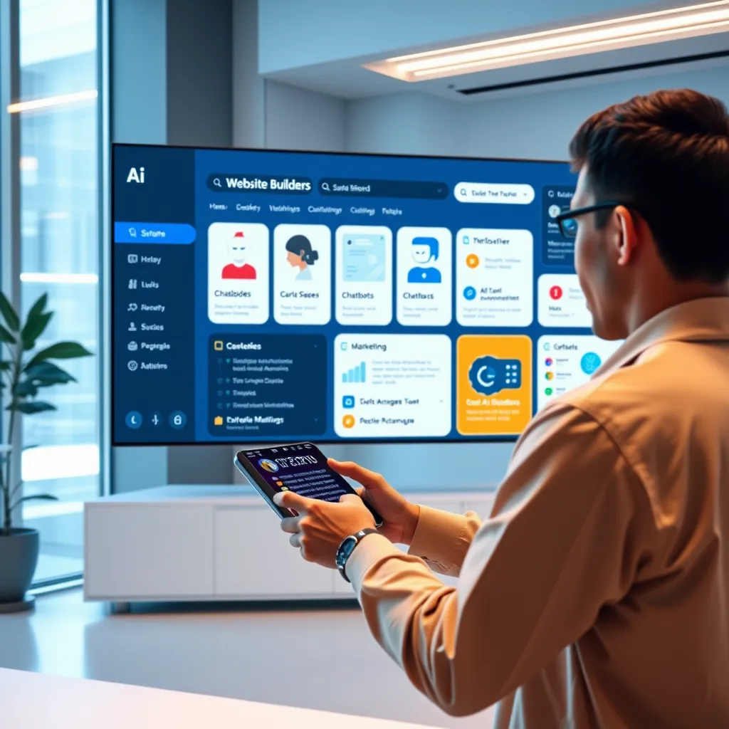 A modern, minimalist office with a large screen displaying a dashboard showcasing various AI tools like website builders, chatbots, and marketing automation. A person is interacting with the screen, using a sleek, futuristic device to manage and monitor these tools.