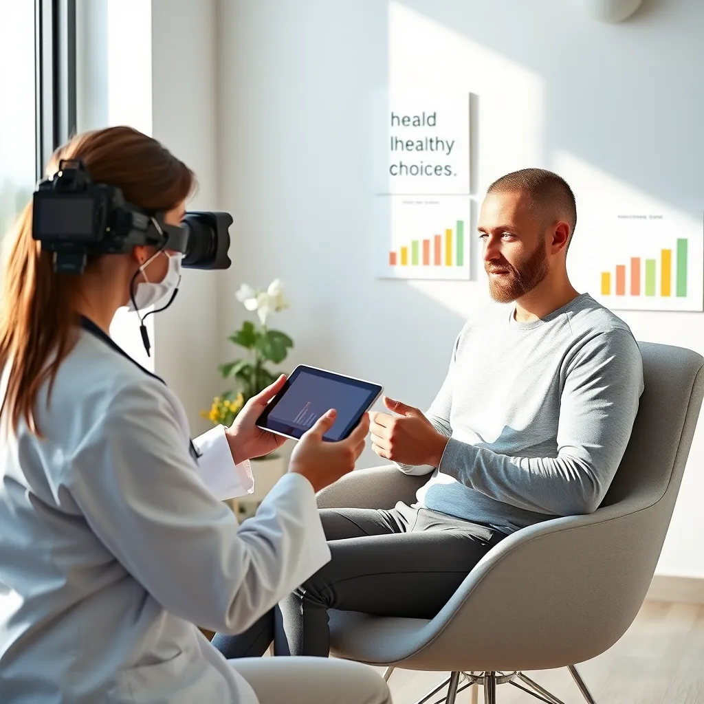 A modern, minimalist scene depicting a health professional using a tablet to analyze a patient's metabolic data. The patient is seated in a comfortable chair, wearing activewear, and looking attentively at the screen. The room is brightly lit with natural light streaming through a large window.  The walls are adorned with motivational quotes and graphs showcasing healthy lifestyle choices. Capture the scene with a high-quality camera, focusing on the interaction between the professional and patient. Render the image with a focus on detail, depicting the tablet's interface and the patient's facial expressions with realism. Emphasize a positive, empowering atmosphere with vibrant, calming colors and textures.