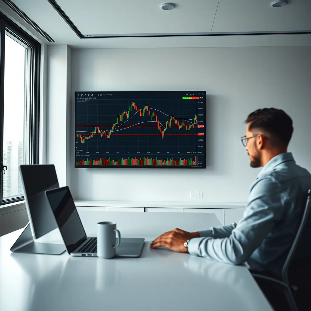 A modern, minimalist trading room with a large monitor displaying a detailed chart of a stock market index.  The chart is highlighted with lines and annotations indicating key support and resistance levels, trend lines, and patterns.  The room is lit by natural light and has a sleek, professional feel.  A trader is sitting at a desk, intently studying the chart, with a laptop and coffee cup nearby. The overall image should convey a sense of focus and precision in analyzing market data.