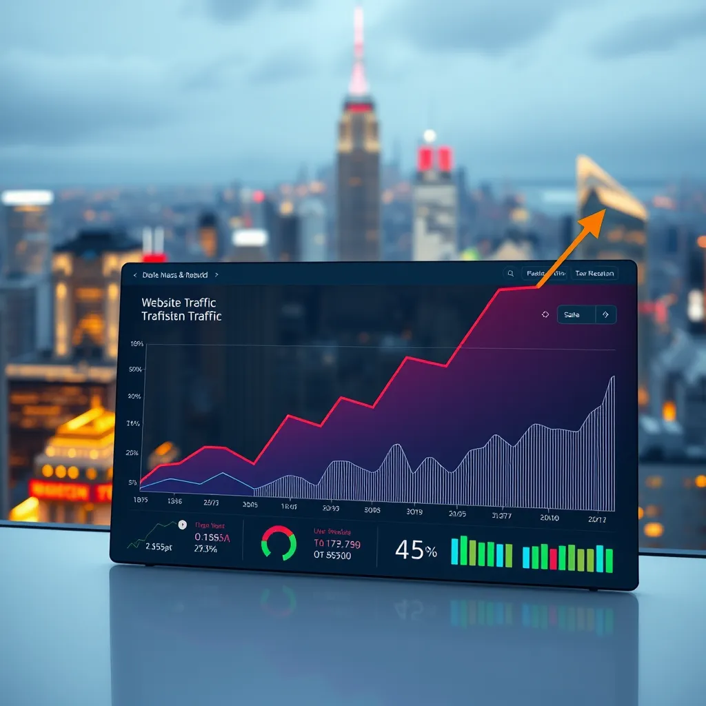 A modern, minimalist website dashboard with colorful graphs showing a sharp upward trend in website traffic and sales. In the background, a blurred image of a bustling city skyline with glowing skyscrapers.