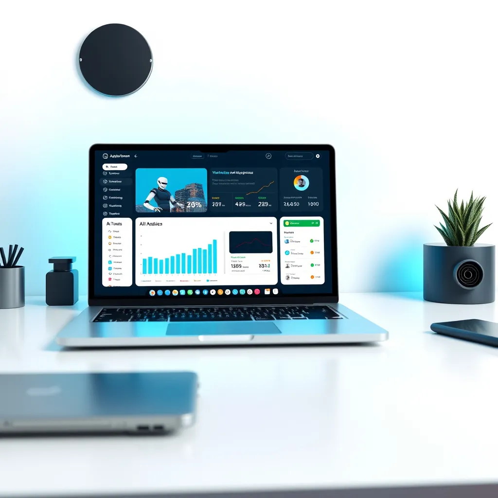  A modern, minimalist workspace with a sleek laptop displaying a dashboard with various AI tools, such as a website builder, chatbot interface, and data analysis graphs, all seamlessly integrated. The background is a clean white with subtle blue accents, reflecting a modern and efficient design.