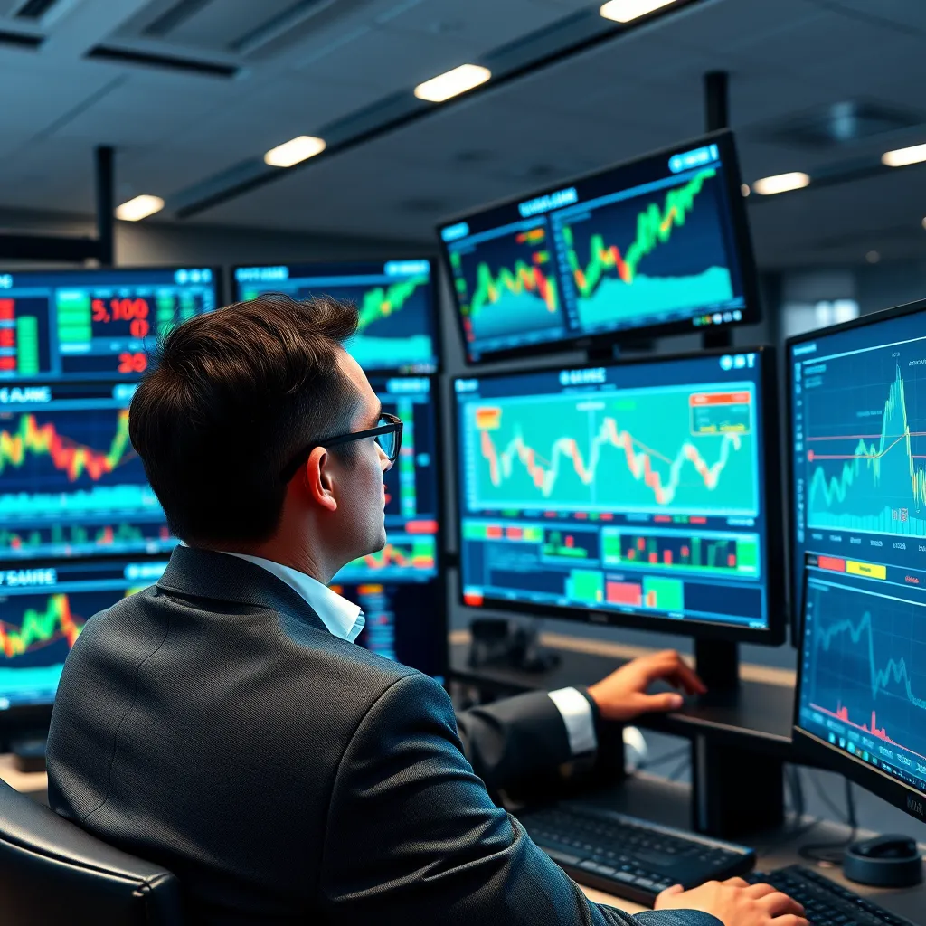 A modern, sleek trading desk with multiple monitors displaying charts, graphs, and data. A person in a business suit is focused on the screens, analyzing the market data and executing trades with precision. The scene should be bright and professional, showcasing the power and sophistication of advanced trading strategies.