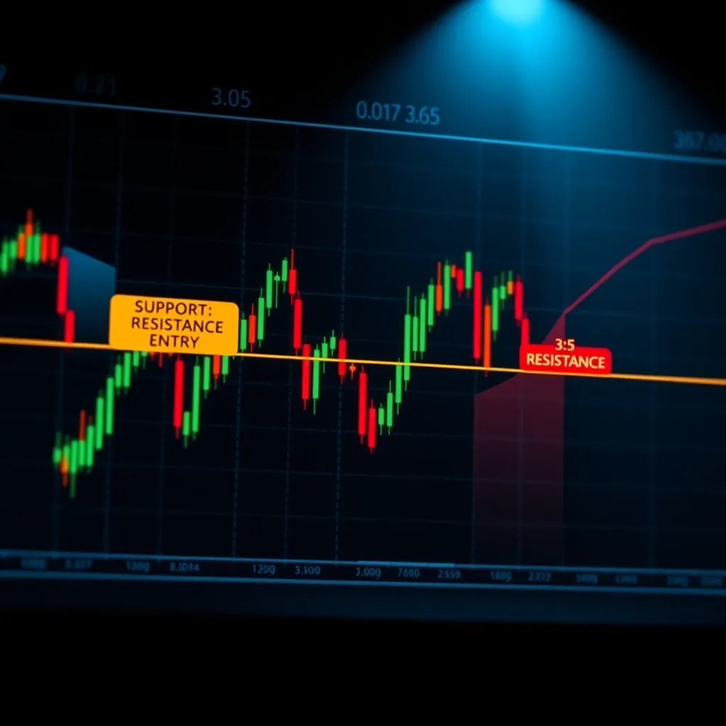  A modern, sleek trading platform with a chart displaying a 3.5 trading setup. The chart highlights key levels like support, resistance, and entry points. The levels are automatically marked with clear, bright labels that stand out against the chart background. The overall aesthetic should be clean and professional, with an emphasis on highlighting the ease of use and efficiency of automated marking.