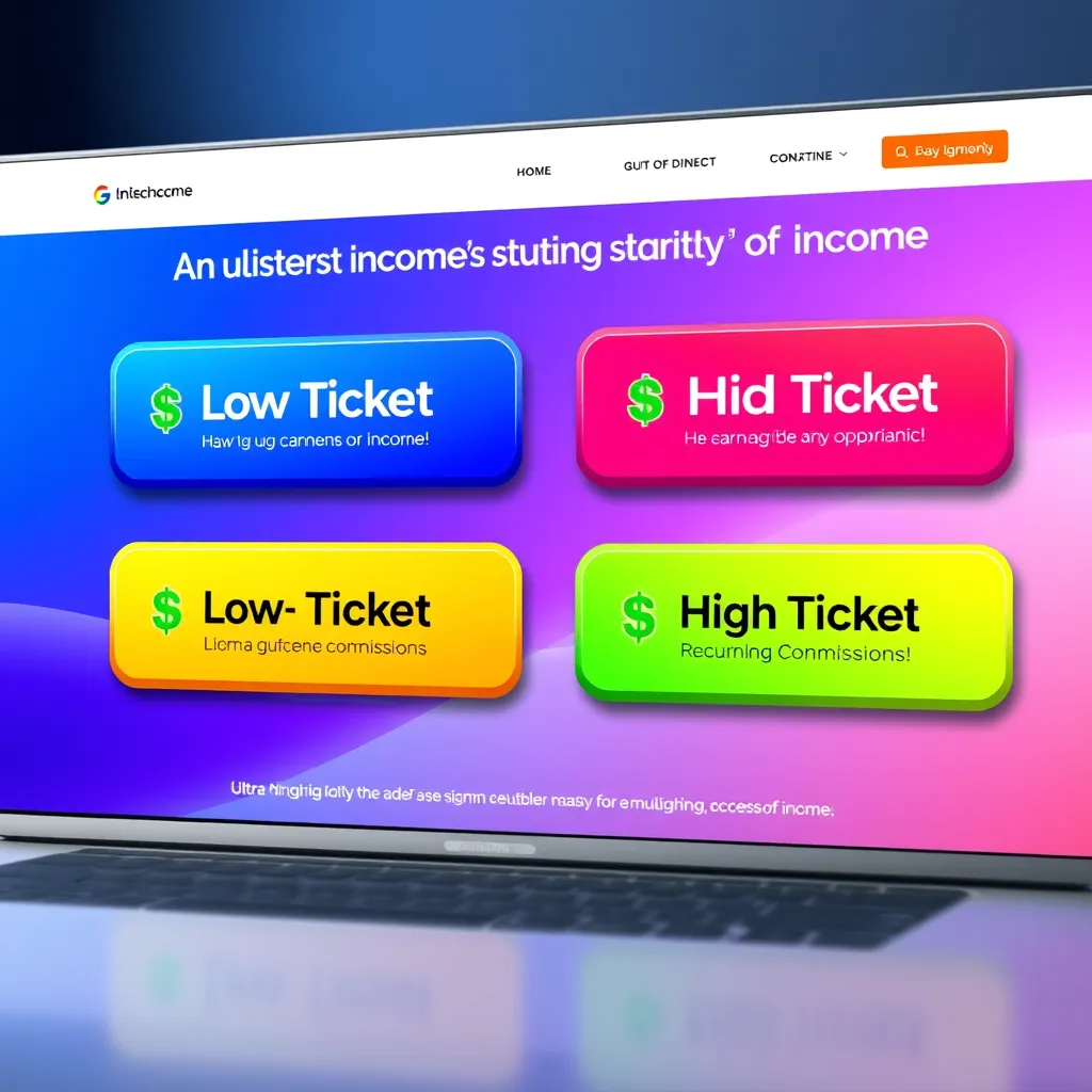 A modern, sleek website with multiple colorful buttons representing different income tiers, each with a dollar sign icon and a label like 'Low Ticket', 'Mid Ticket', 'High Ticket', and 'Recurring Commissions'. The background should be a gradient of blue and purple, representing growth and opportunity. The overall design should be clean and inviting, emphasizing the ease of earning multiple streams of income.