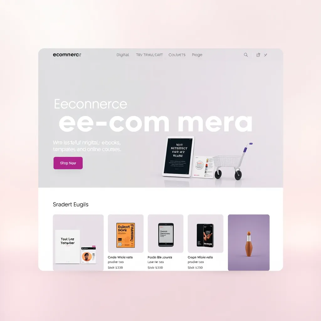 A modern e-commerce website with a clean layout, showcasing digital products like e-books, templates, and online courses. The website should have a shopping cart, product pages, and a user-friendly interface. The background should be a soft, gradient color.