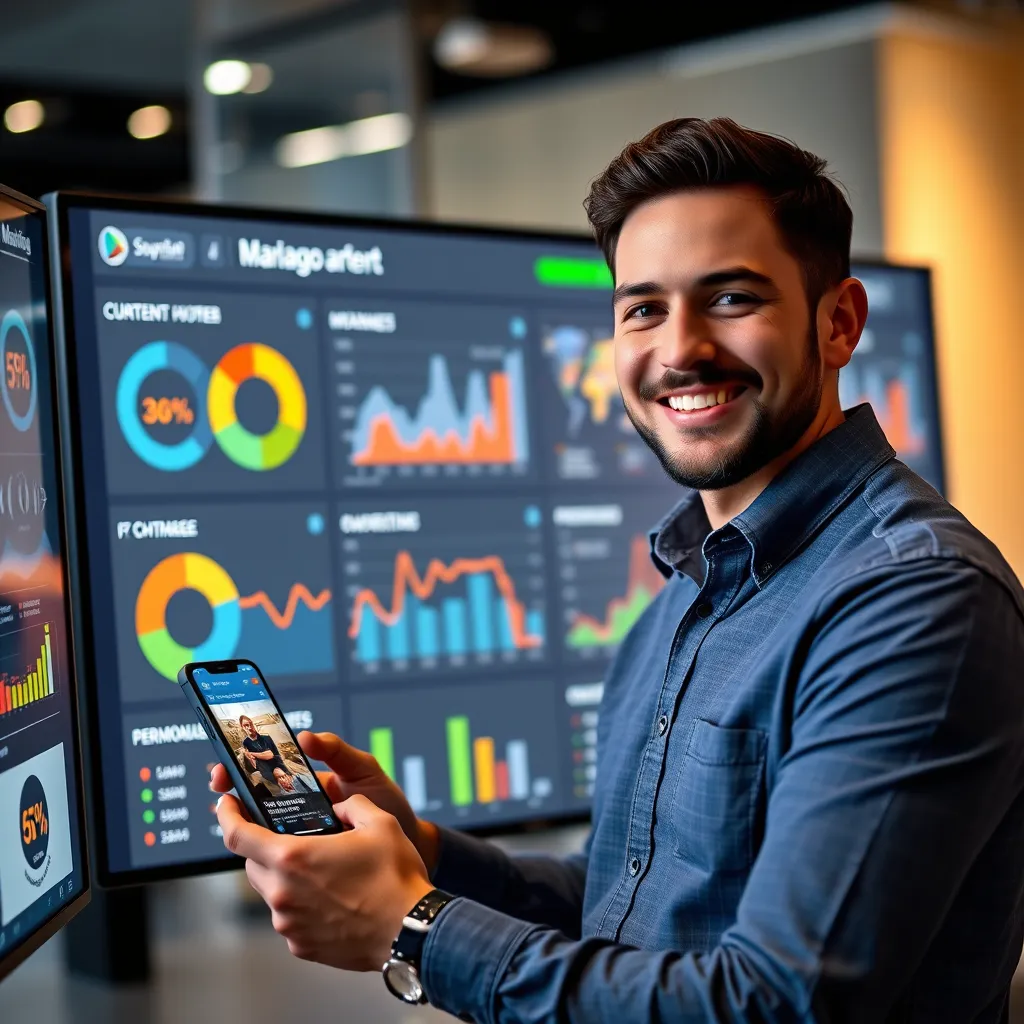 A modern marketing dashboard with data visualizations representing customer segmentation and personalized content creation. A smiling marketer is interacting with the dashboard, showcasing a personalized ad campaign on a phone.