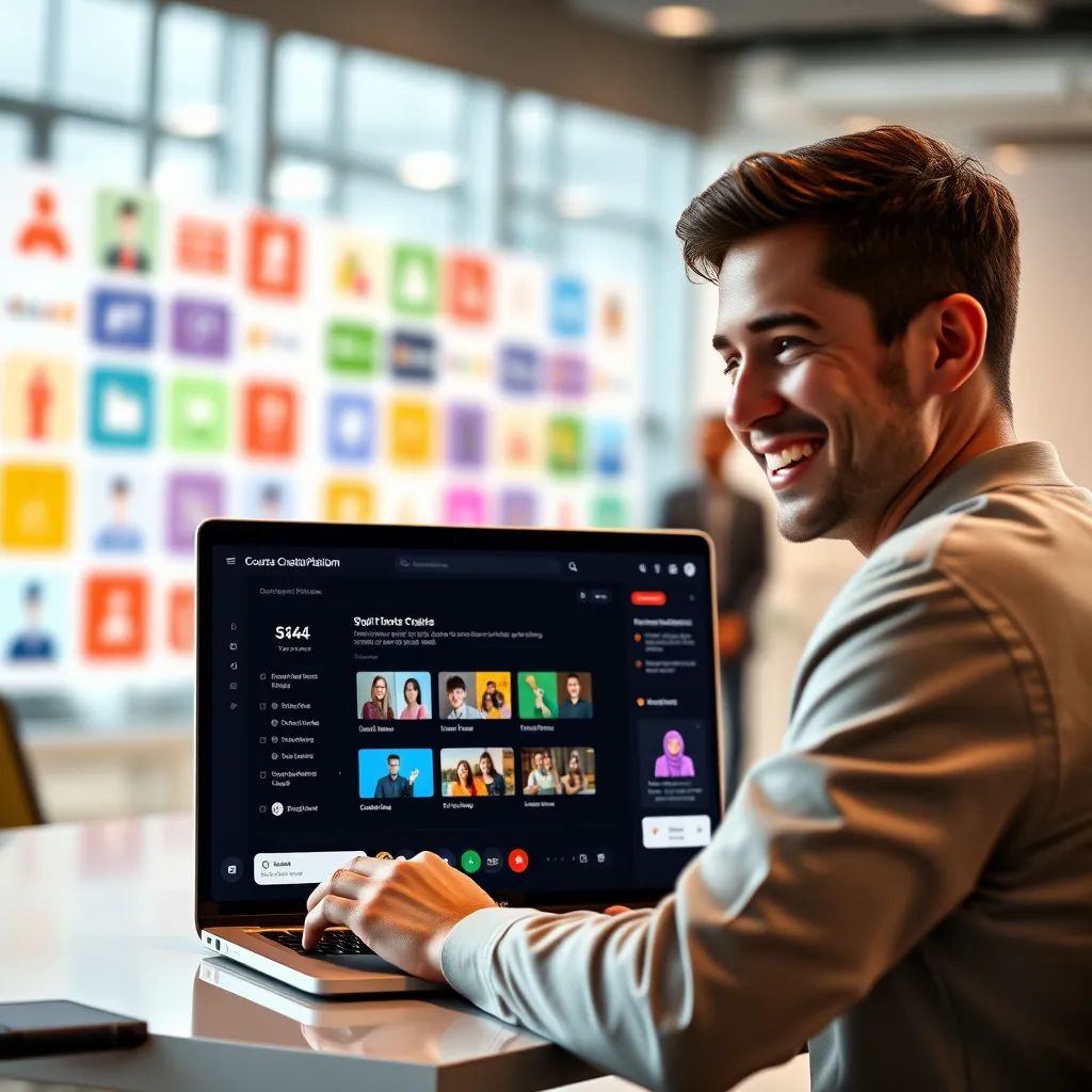 A modern office setting with a person smiling and looking at a laptop screen, showing a user interface of a course creation platform with AI features. The background is a blur of colorful icons representing different educational topics. The image conveys ease of use and efficiency.