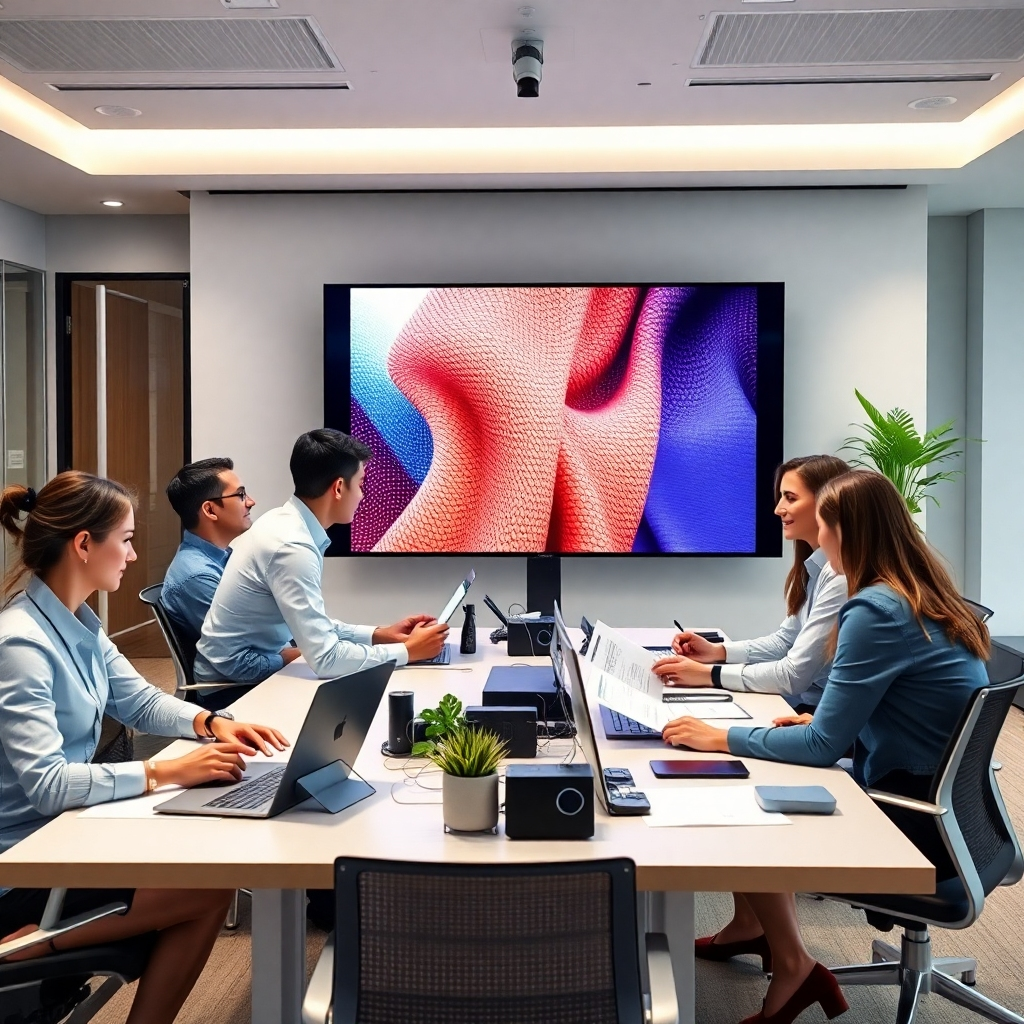 A modern office setting with professionals working at desks, discussing business documents and collaborating on a large screen displaying textile designs. The image should convey a sense of professionalism, transparency, and collaboration.