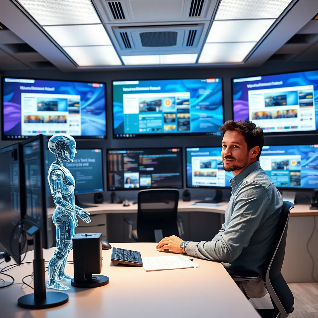 A modern office space with multiple screens displaying websites in various stages of development, with a single person sitting at a desk overseeing the entire process, looking confident and relaxed, while a holographic AI assistant stands beside them.