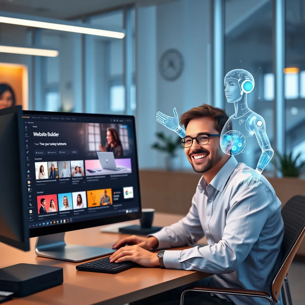 A modern office with a sleek computer displaying a website builder interface with AI-generated content and design elements. A person is smiling and interacting with the website builder, while a digital assistant hologram hovers beside them, offering guidance and support.
