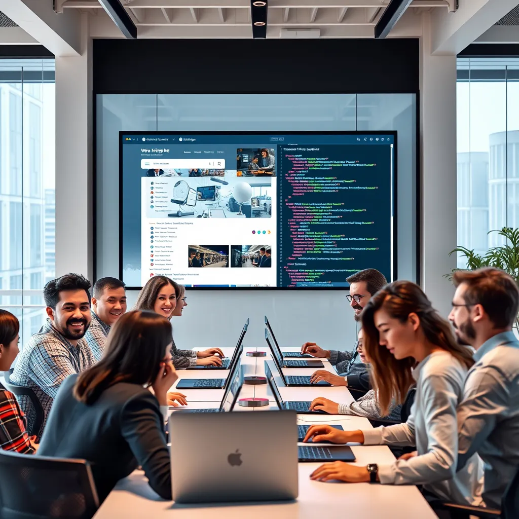 A modern office with a team of people working on laptops. In the background, a large screen displays a website being built in real-time. The screen shows the website being automatically designed and coded by AI, with various options and elements appearing and disappearing. The team members look impressed and relaxed, enjoying their hands-free website building process.