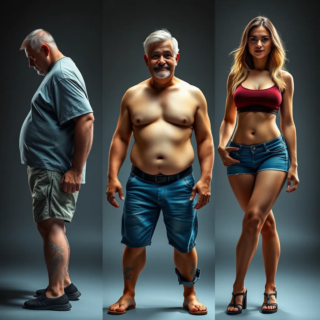 A montage depicting a person transitioning from an overweight state to a slimmer, more confident figure, emphasizing the overnight transformation achieved through the 'miracle fruit' consumption.