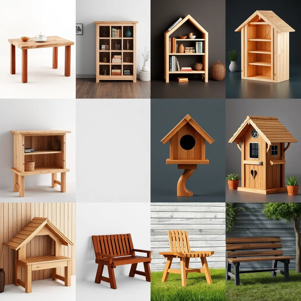 A montage of different woodworking projects, showcasing the unique styles and possibilities offered by the plans. These could include a rustic farmhouse table, a modern bookshelf, a decorative birdhouse, and a sturdy outdoor bench.