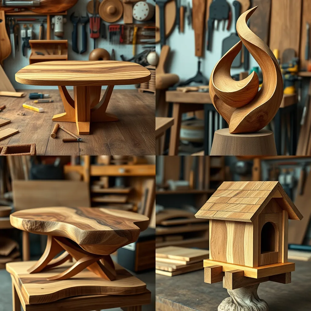 A montage of various finished woodworking projects, including a stylish coffee table, a beautiful wooden sculpture, and a unique wooden birdhouse, all against a backdrop of a workshop filled with tools and materials.