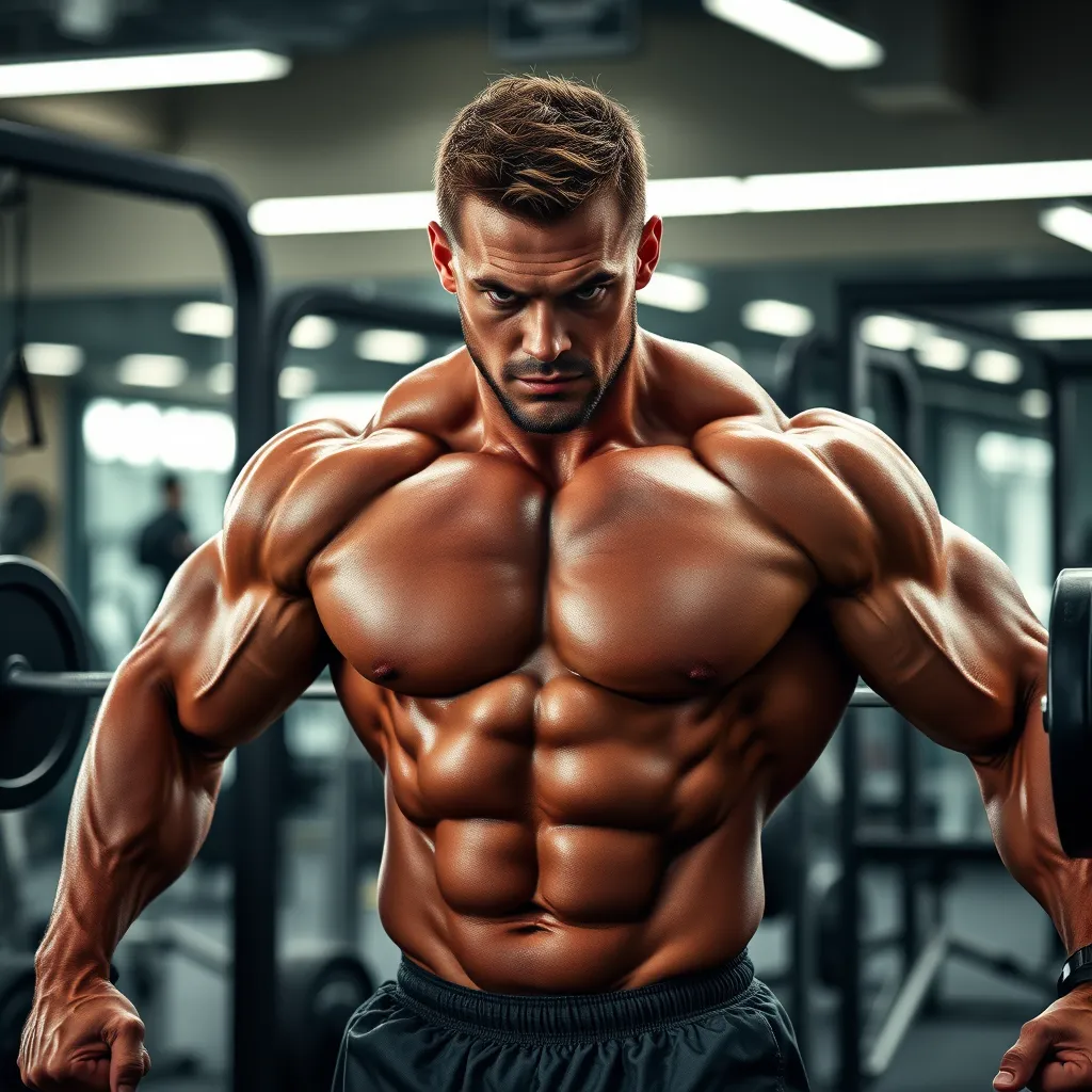 A muscular male athlete in his prime, engaged in a strenuous workout, displaying peak performance and strength. The setting should be a modern gym with high-quality equipment, showcasing the power and potential unlocked by TESTOSIL.