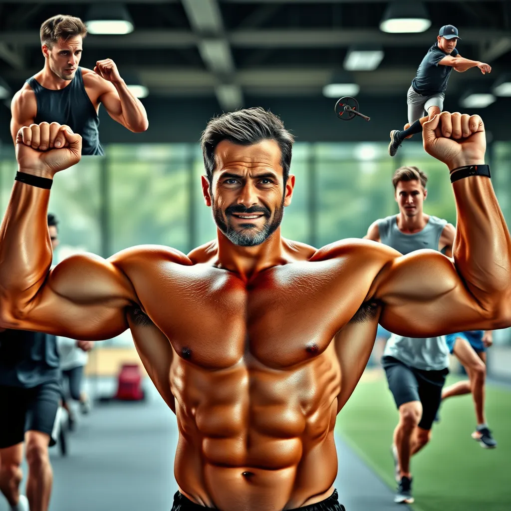 A muscular man in his 30s or 40s, looking confident and strong, participating in a variety of physical activities, such as weightlifting, running, and playing sports. The background could be a gym or a park, highlighting the active lifestyle enabled by TESTOSIL.